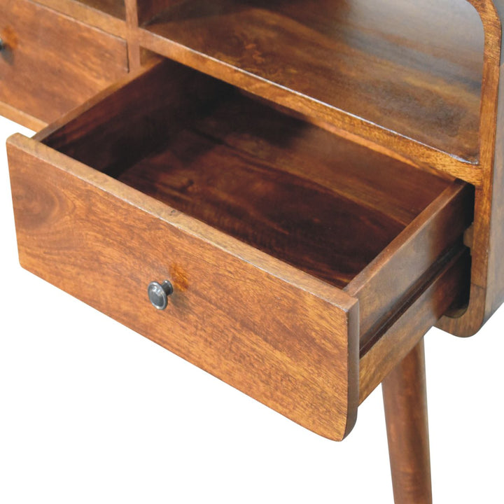 Brown Lacquered Chestnut Solid Mango Wood Triple-Curved Console with 3 Drawers & 3 Open Shelves