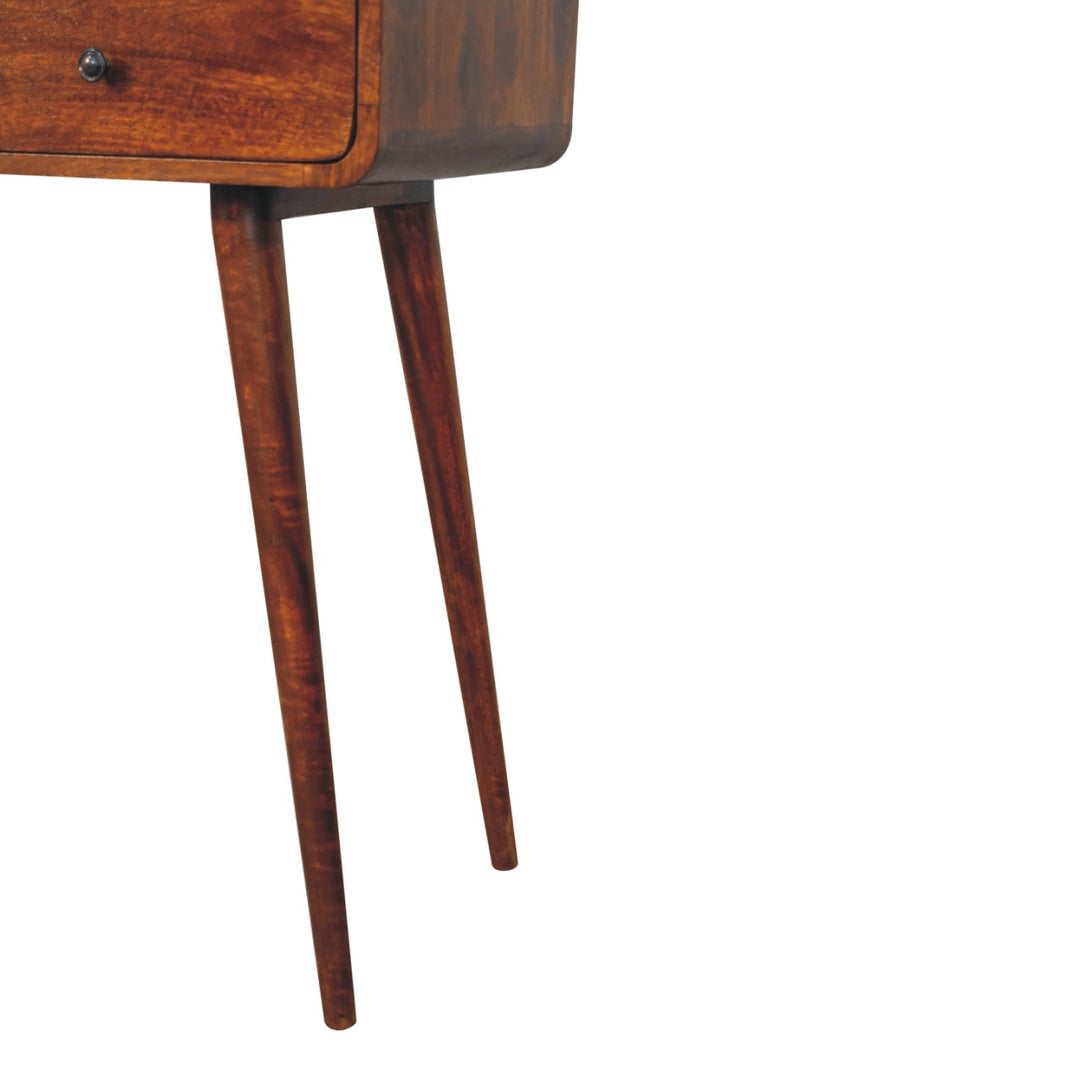 Brown Lacquered Chestnut Solid Mango Wood Triple-Curved Console with 3 Drawers & 3 Open Shelves