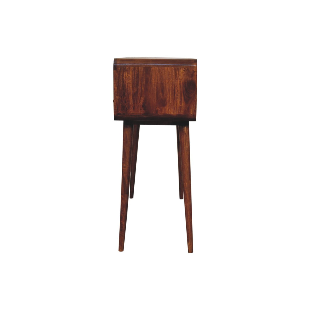 Brown Lacquered Chestnut Solid Mango Wood Triple-Curved Console with 3 Drawers & 3 Open Shelves