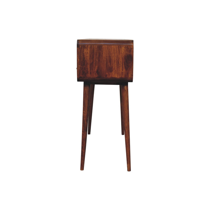 Brown Lacquered Chestnut Solid Mango Wood Triple-Curved Console with 3 Drawers & 3 Open Shelves