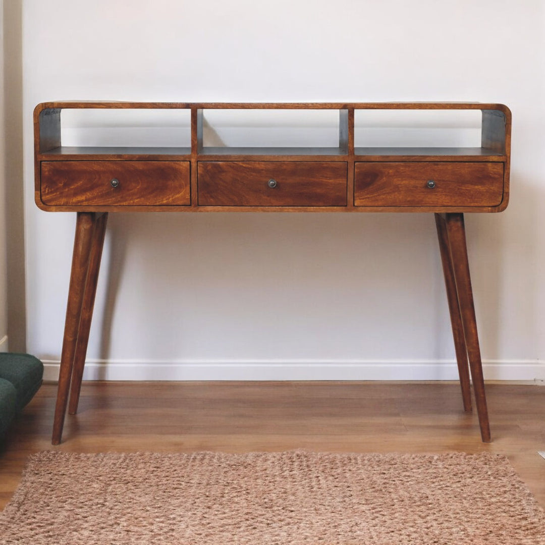 Brown Lacquered Chestnut Solid Mango Wood Triple-Curved Console with 3 Drawers & 3 Open Shelves