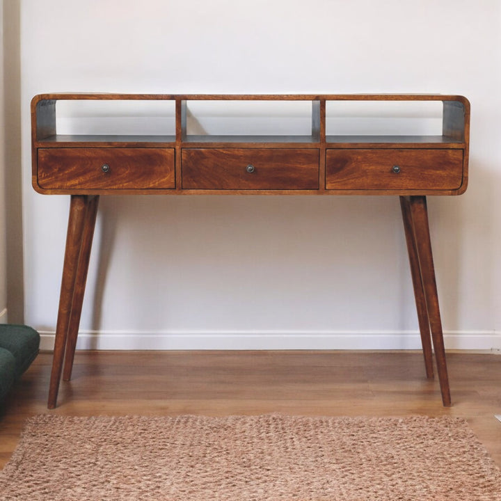 Brown Lacquered Chestnut Solid Mango Wood Triple-Curved Console with 3 Drawers & 3 Open Shelves