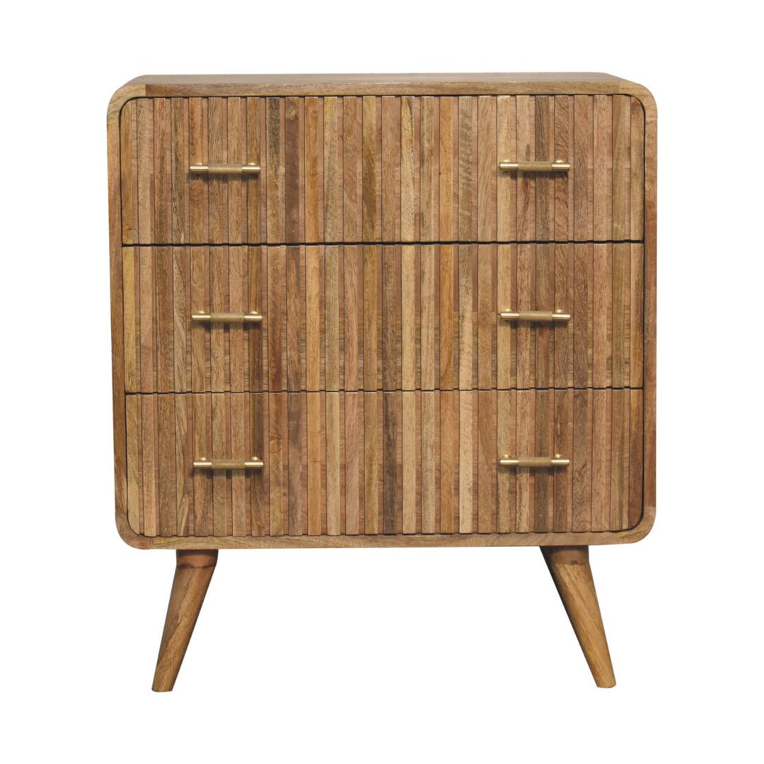 Brown Oak Veneer Solid Mango Wood Grooved T-Bar 3-Drawer Chest with Curved Edges
