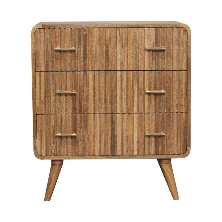 Brown Oak Veneer Solid Mango Wood Grooved T-Bar 3-Drawer Chest with Curved Edges