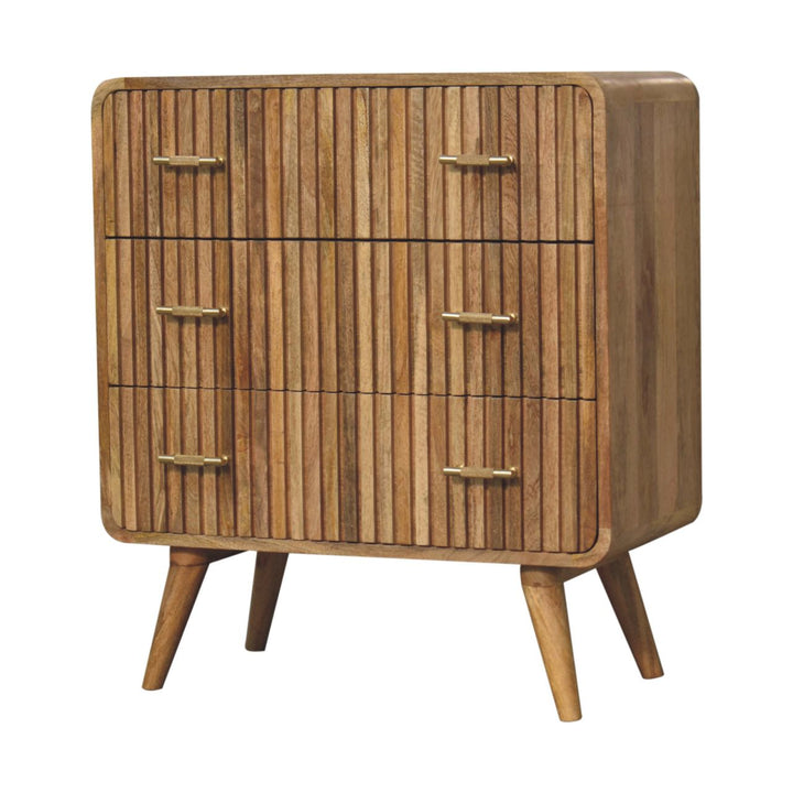 Brown Oak Veneer Solid Mango Wood Grooved T-Bar 3-Drawer Chest with Curved Edges