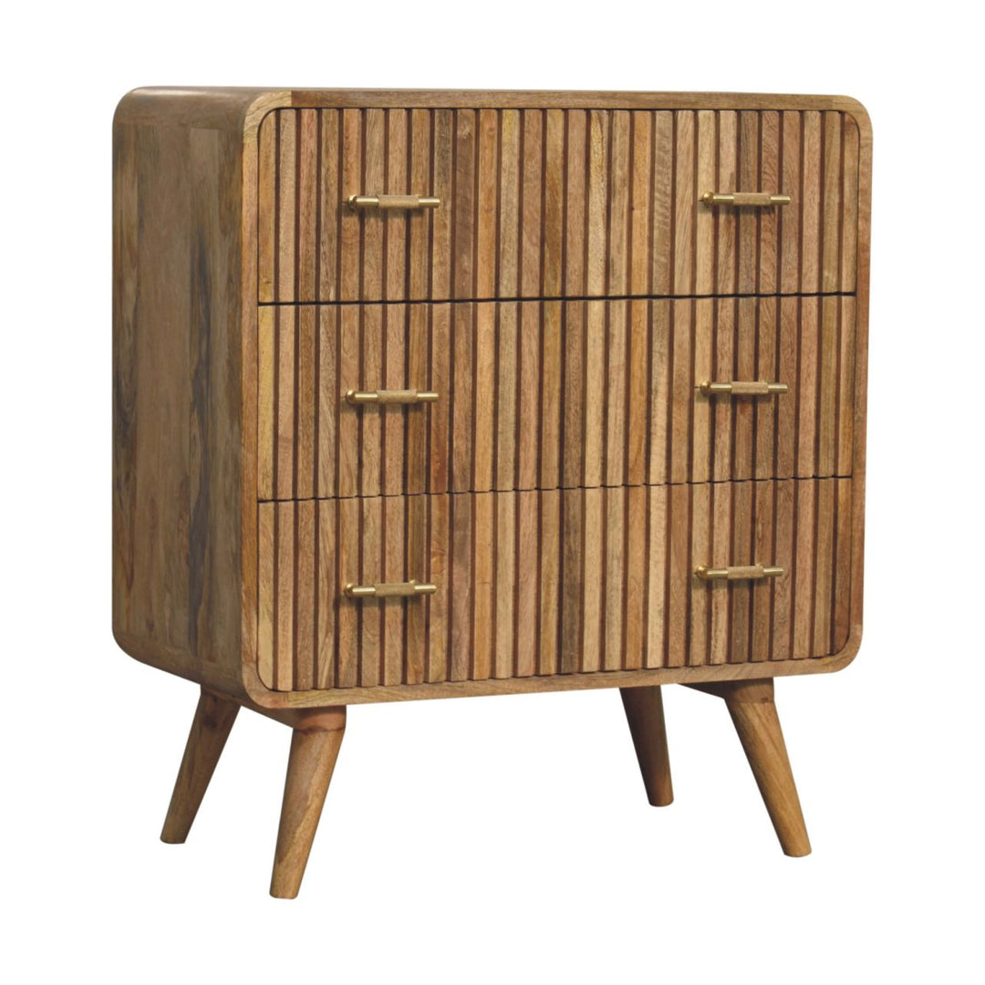 Brown Oak Veneer Solid Mango Wood Grooved T-Bar 3-Drawer Chest with Curved Edges