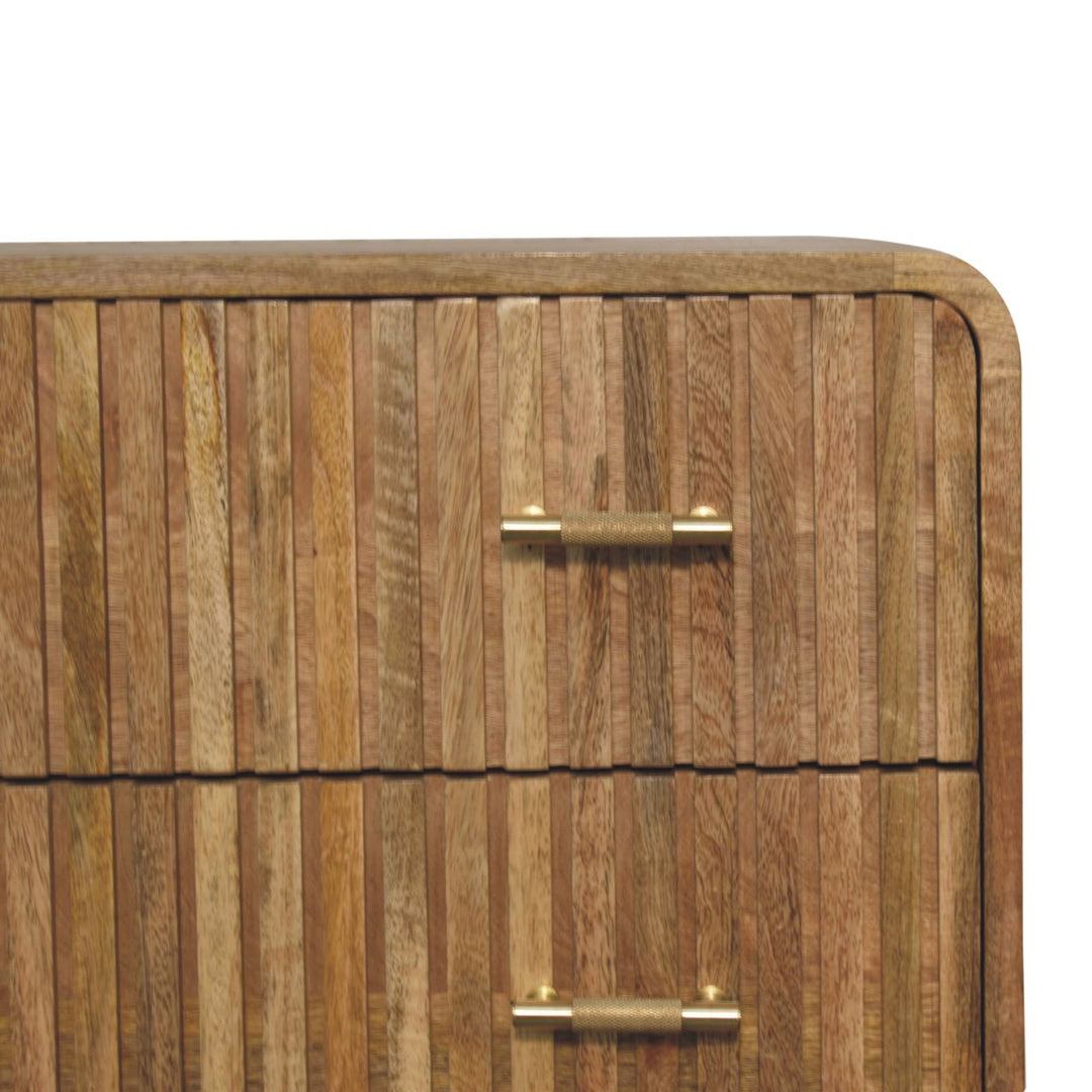 Brown Oak Veneer Solid Mango Wood Grooved T-Bar 3-Drawer Chest with Curved Edges