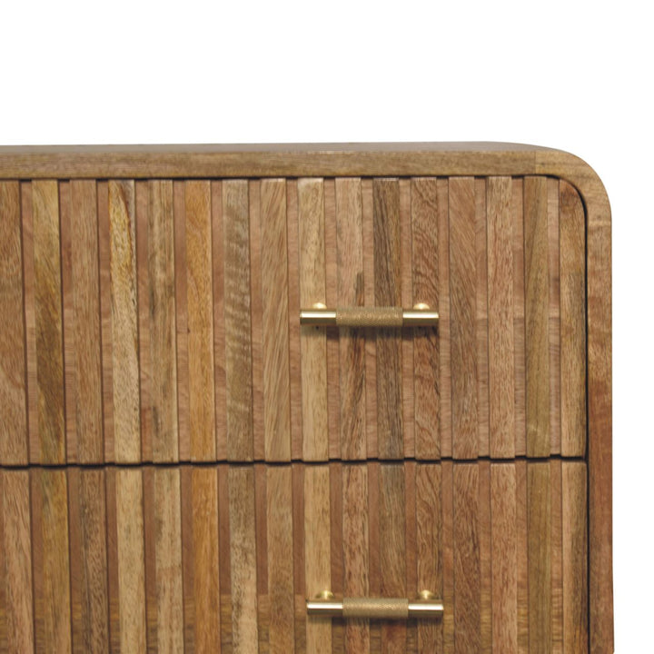 Brown Oak Veneer Solid Mango Wood Grooved T-Bar 3-Drawer Chest with Curved Edges