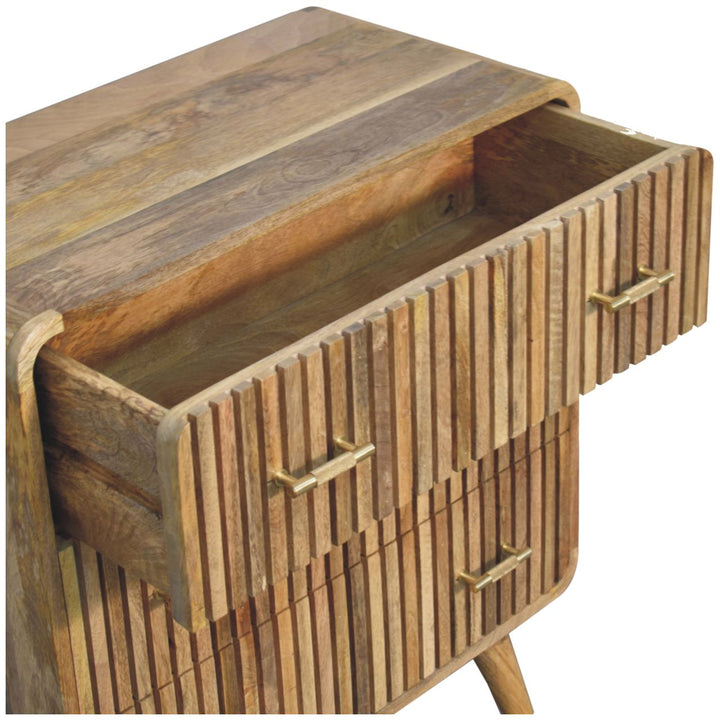 Brown Oak Veneer Solid Mango Wood Grooved T-Bar 3-Drawer Chest with Curved Edges