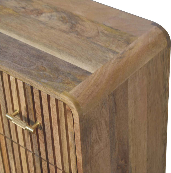 Brown Oak Veneer Solid Mango Wood Grooved T-Bar 3-Drawer Chest with Curved Edges