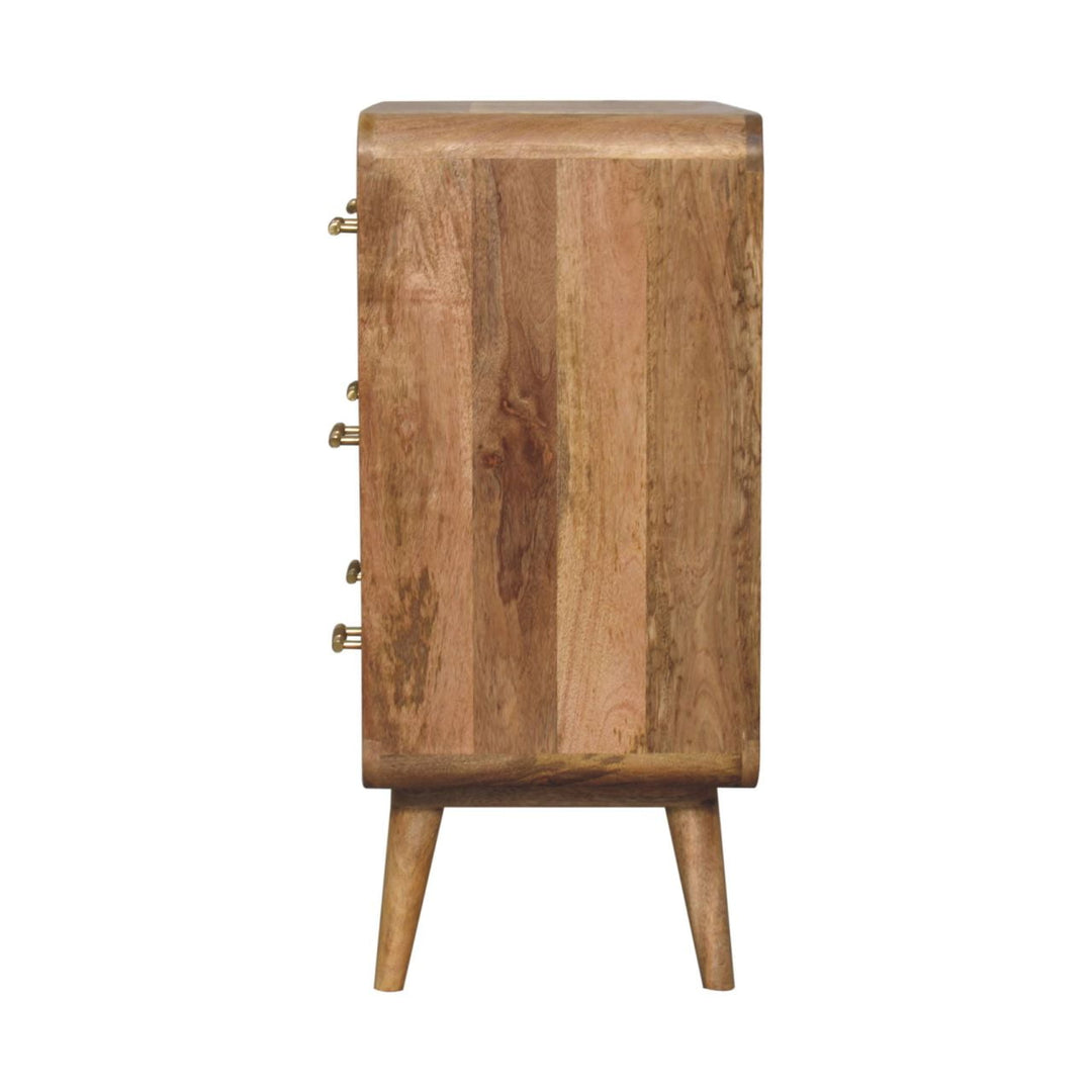 Brown Oak Veneer Solid Mango Wood Grooved T-Bar 3-Drawer Chest with Curved Edges