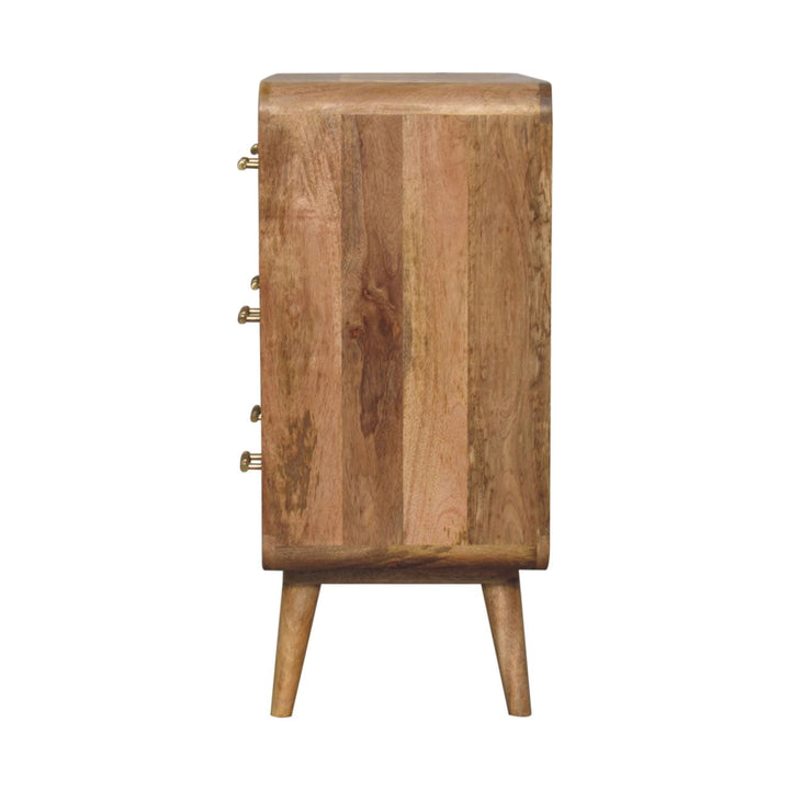 Brown Oak Veneer Solid Mango Wood Grooved T-Bar 3-Drawer Chest with Curved Edges