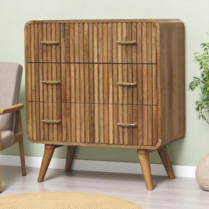 Brown Oak Veneer Solid Mango Wood Grooved T-Bar 3-Drawer Chest with Curved Edges