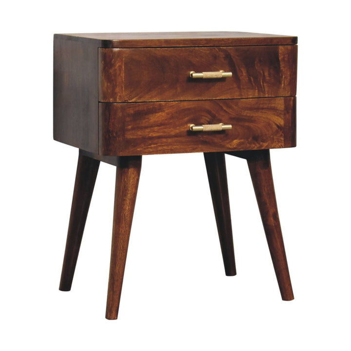 Mid-Century Modern Walnut 2-Drawer Nightstand with Brass Handles