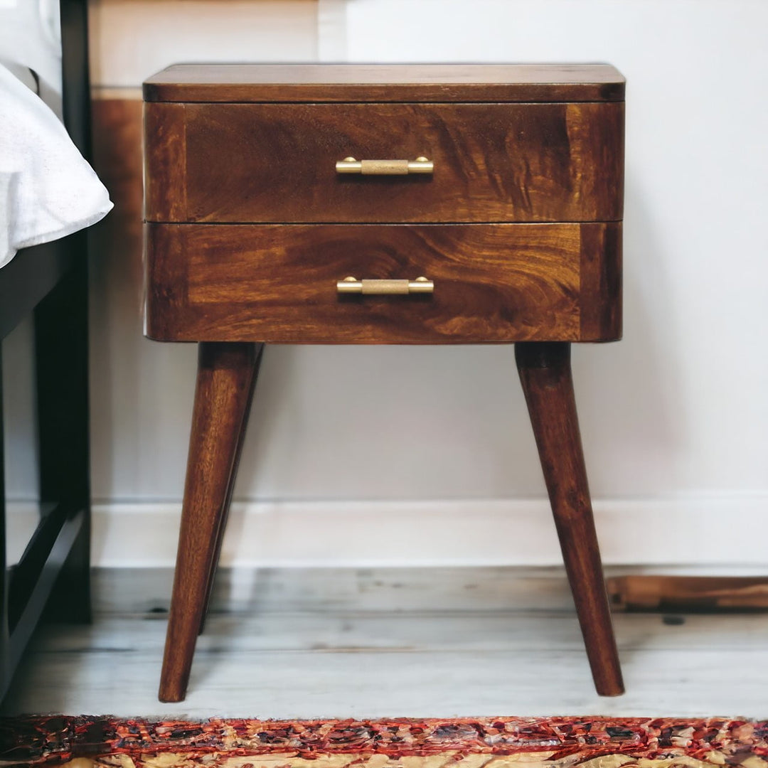 Solid Mango Wood Nordic Bedside Table with T-Bar Handle, 1 Drawer & Open Shelf | Chestnut Finish | 45 x 35 x 58 cm