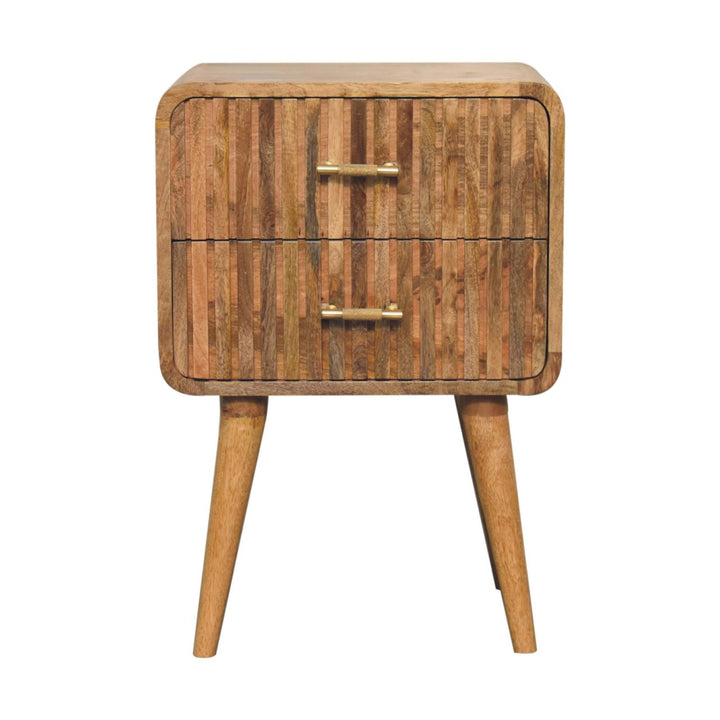 Brown Lacquered Chestnut Solid Mango Wood T-Bar Bedside Table with 2 Drawers & Scandinavian Legs