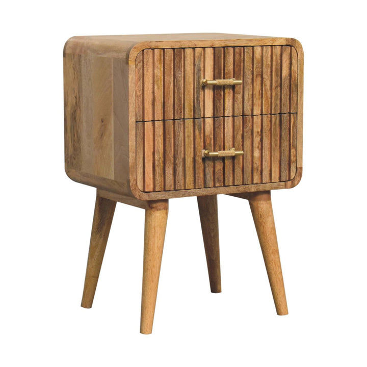 Brown Lacquered Chestnut Solid Mango Wood T-Bar Bedside Table with 2 Drawers & Scandinavian Legs