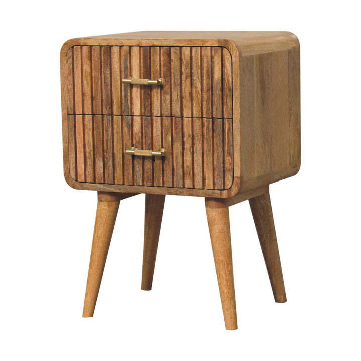 Brown Lacquered Chestnut Solid Mango Wood T-Bar Bedside Table with 2 Drawers & Scandinavian Legs