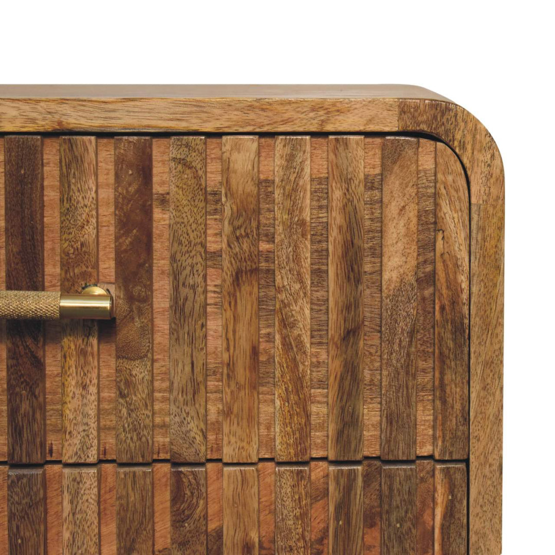 Brown Lacquered Chestnut Solid Mango Wood T-Bar Bedside Table with 2 Drawers & Scandinavian Legs