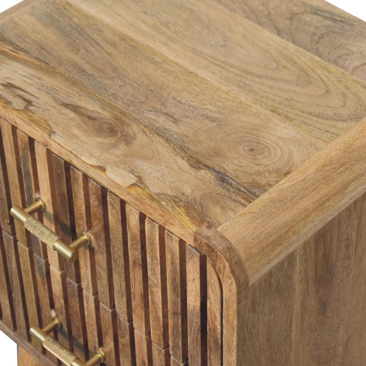 Brown Lacquered Chestnut Solid Mango Wood T-Bar Bedside Table with 2 Drawers & Scandinavian Legs