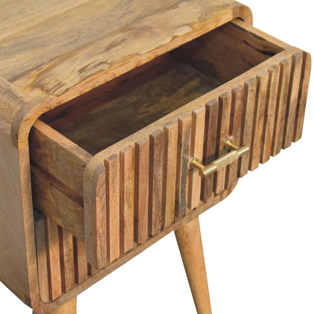 Brown Lacquered Chestnut Solid Mango Wood T-Bar Bedside Table with 2 Drawers & Scandinavian Legs