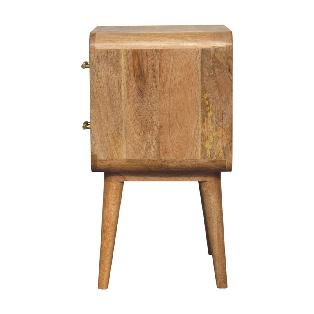 Brown Lacquered Chestnut Solid Mango Wood T-Bar Bedside Table with 2 Drawers & Scandinavian Legs