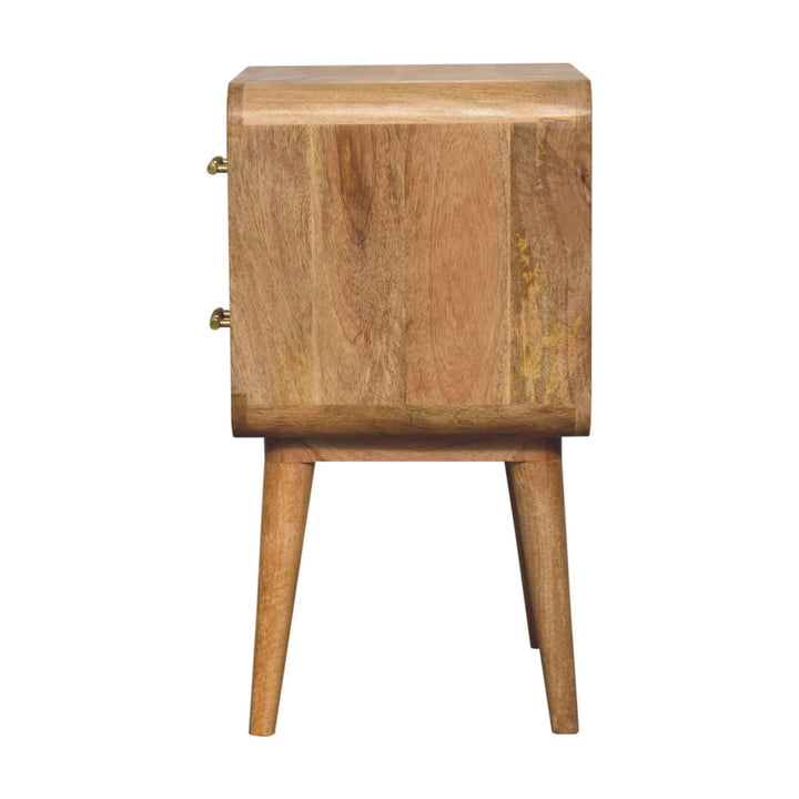 Brown Lacquered Chestnut Solid Mango Wood T-Bar Bedside Table with 2 Drawers & Scandinavian Legs