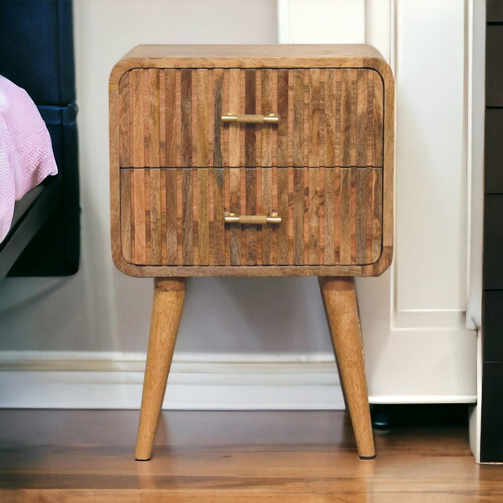 Brown Lacquered Chestnut Solid Mango Wood T-Bar Bedside Table with 2 Drawers & Scandinavian Legs