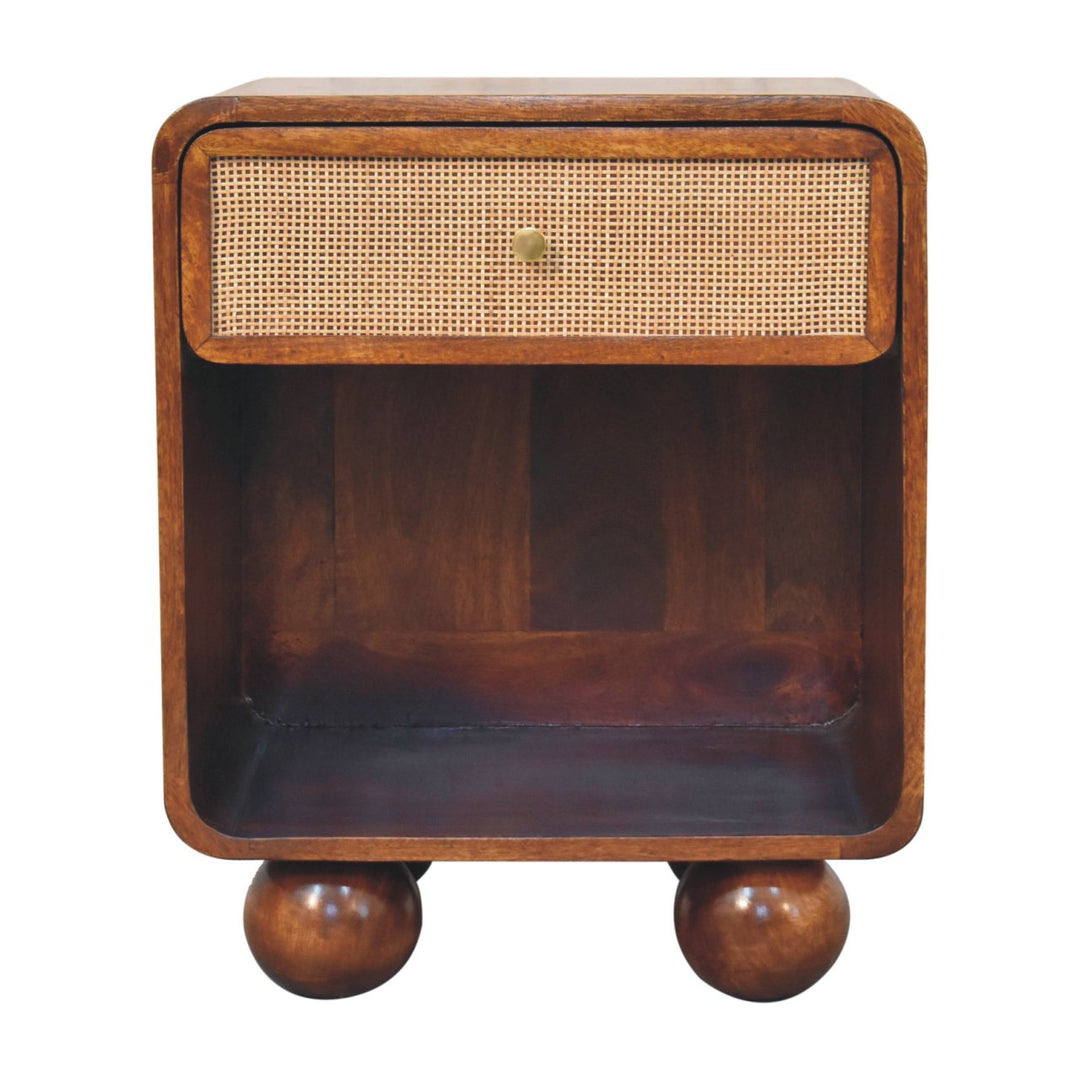 Solid Mango Wood Woven-Front Bedside Table with 1 Drawer & Open Shelf | Chestnut Finish | 45 x 35 x 54 cm