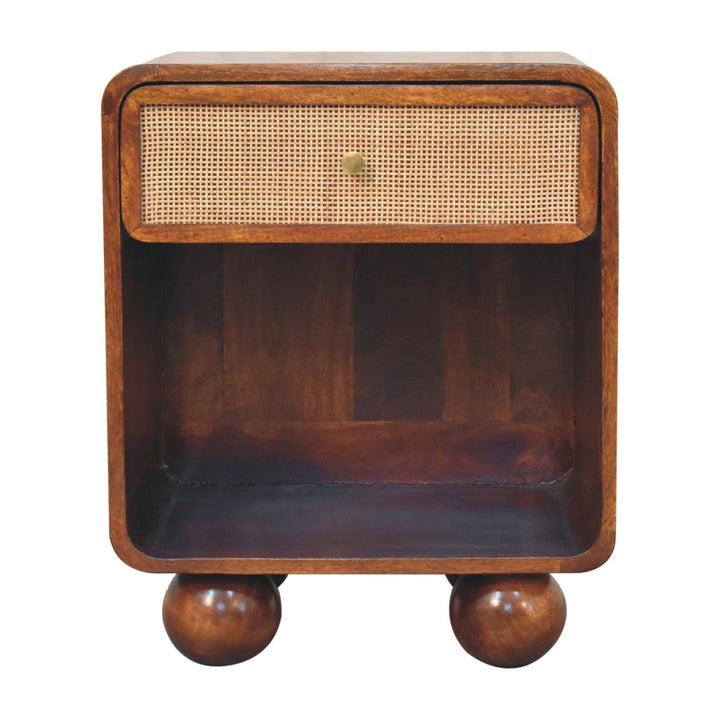 Solid Mango Wood Woven-Front Bedside Table with 1 Drawer & Open Shelf | Chestnut Finish | 45 x 35 x 54 cm