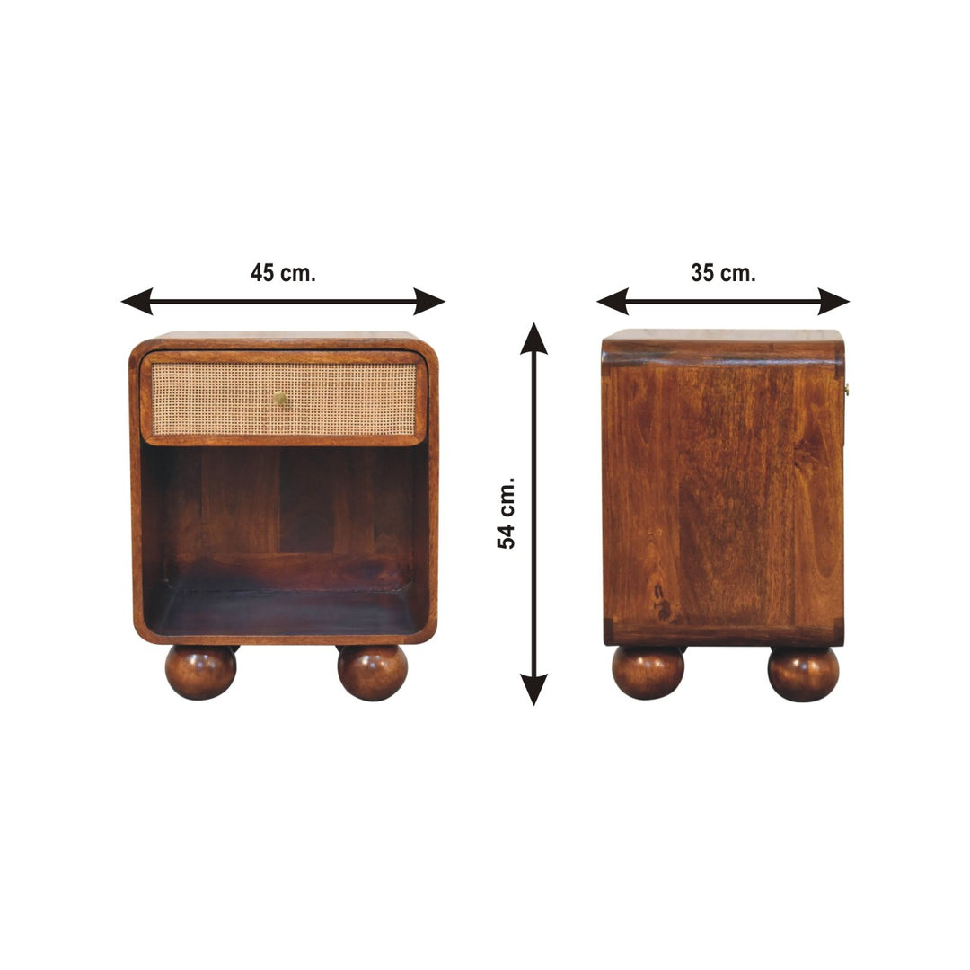 Solid Mango Wood Woven-Front Bedside Table with 1 Drawer & Open Shelf | Chestnut Finish | 45 x 35 x 54 cm