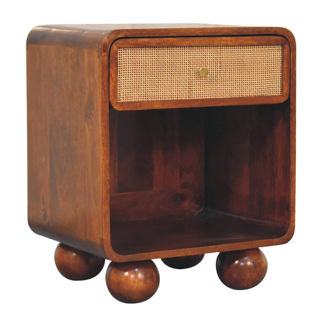 Solid Mango Wood Woven-Front Bedside Table with 1 Drawer & Open Shelf | Chestnut Finish | 45 x 35 x 54 cm