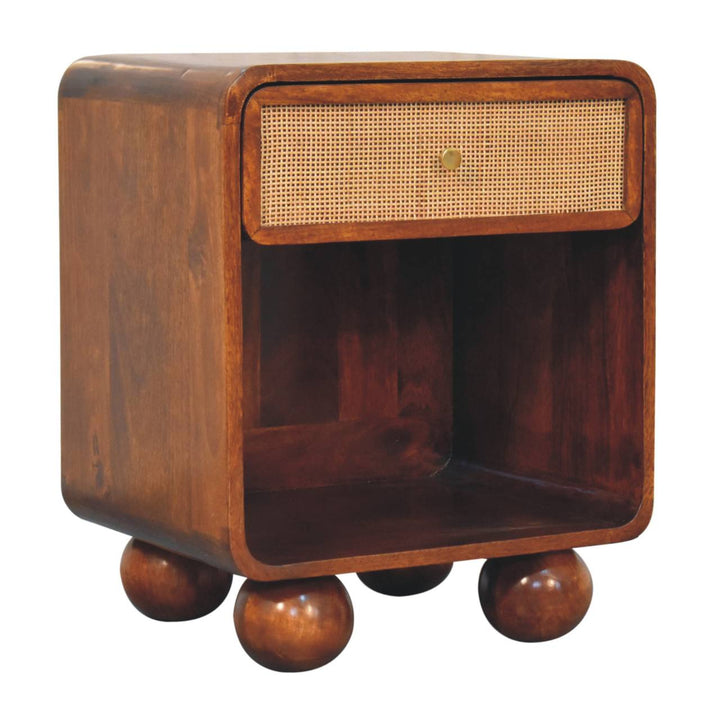 Solid Mango Wood Woven-Front Bedside Table with 1 Drawer & Open Shelf | Chestnut Finish | 45 x 35 x 54 cm