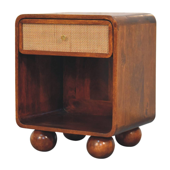 Solid Mango Wood Woven-Front Bedside Table with 1 Drawer & Open Shelf | Chestnut Finish | 45 x 35 x 54 cm