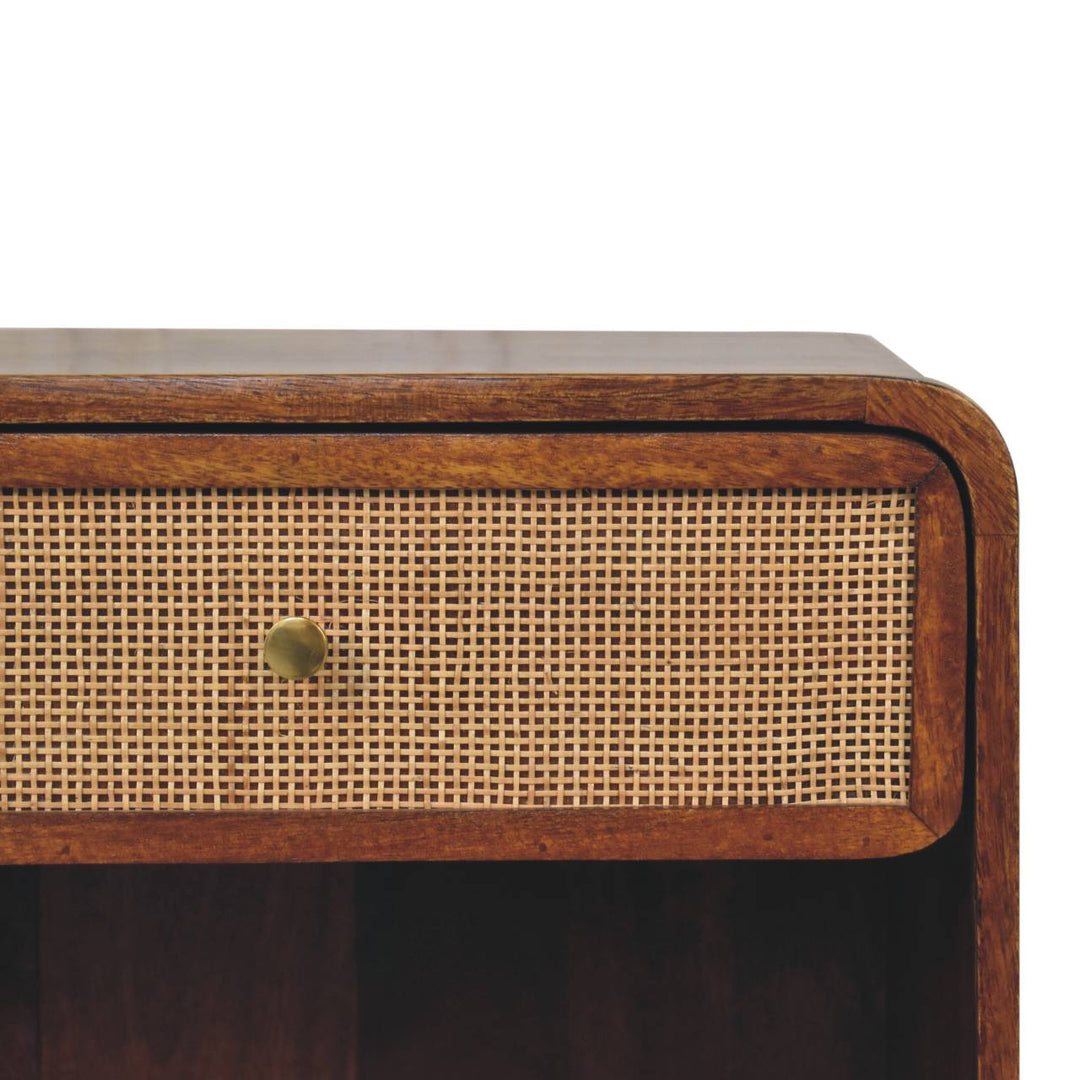 Solid Mango Wood Woven-Front Bedside Table with 1 Drawer & Open Shelf | Chestnut Finish | 45 x 35 x 54 cm