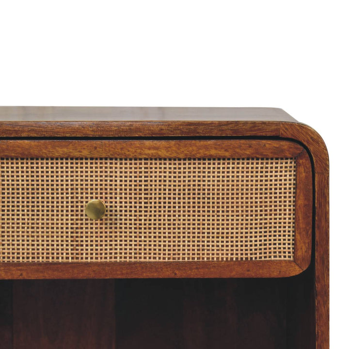 Solid Mango Wood Woven-Front Bedside Table with 1 Drawer & Open Shelf | Chestnut Finish | 45 x 35 x 54 cm