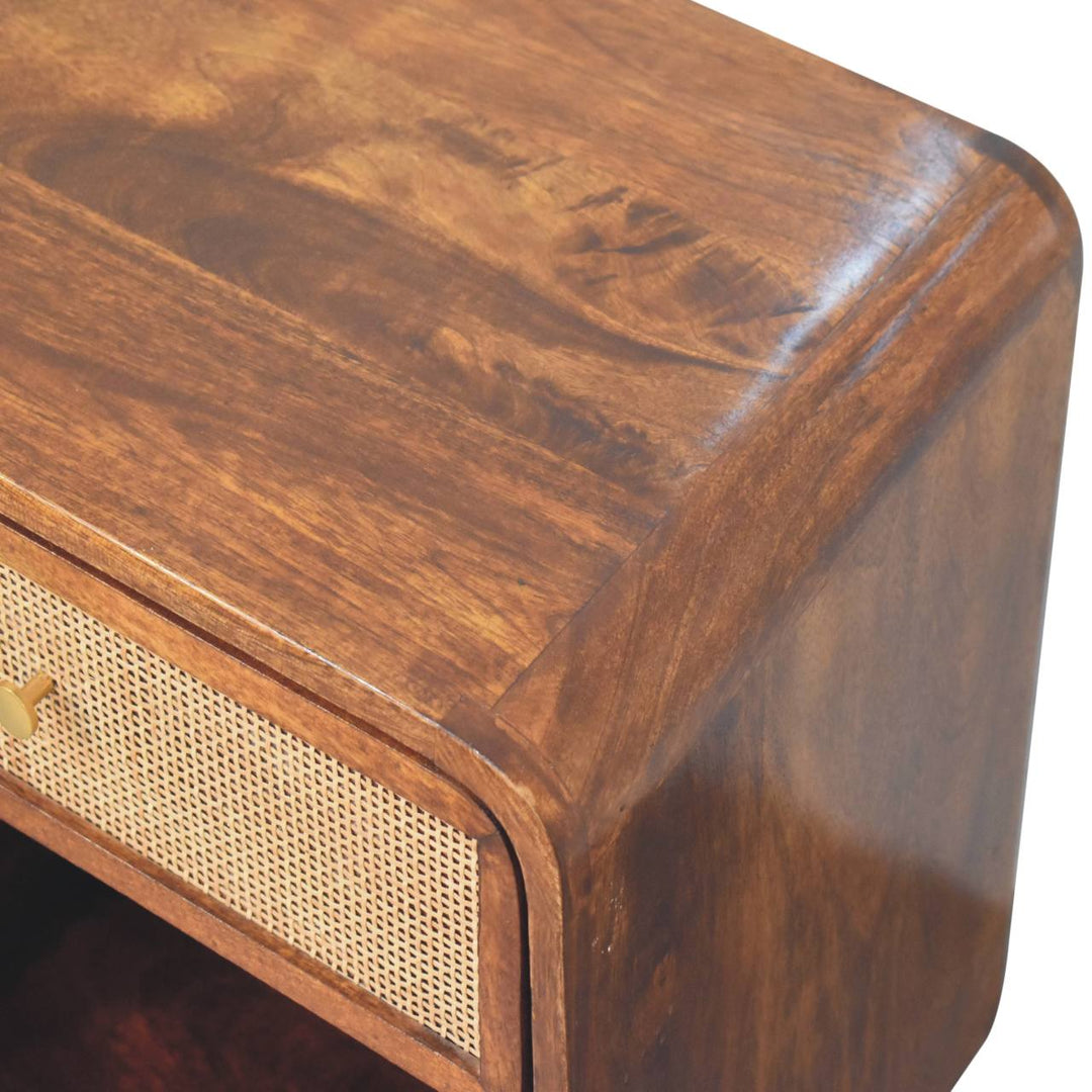 Solid Mango Wood Woven-Front Bedside Table with 1 Drawer & Open Shelf | Chestnut Finish | 45 x 35 x 54 cm