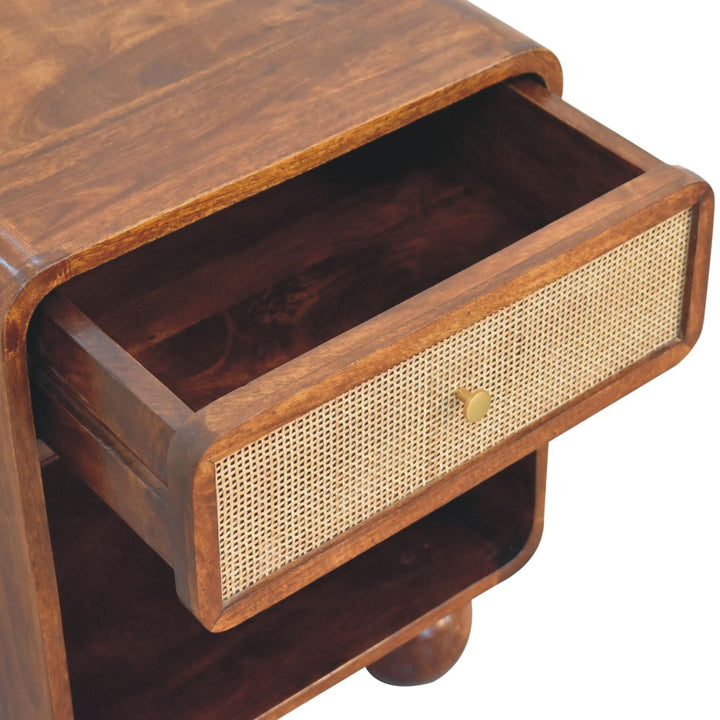 Solid Mango Wood Woven-Front Bedside Table with 1 Drawer & Open Shelf | Chestnut Finish | 45 x 35 x 54 cm