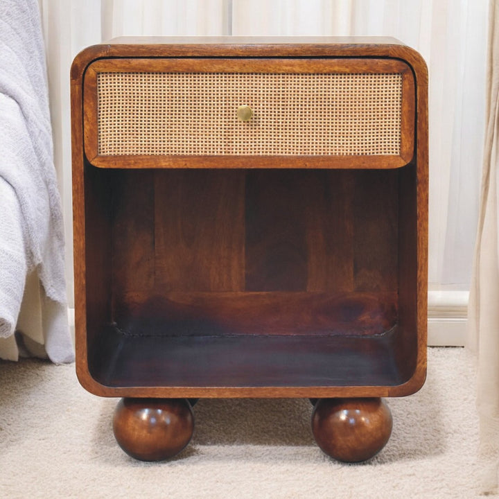 Solid Mango Wood Woven-Front Bedside Table with 1 Drawer & Open Shelf | Chestnut Finish | 45 x 35 x 54 cm