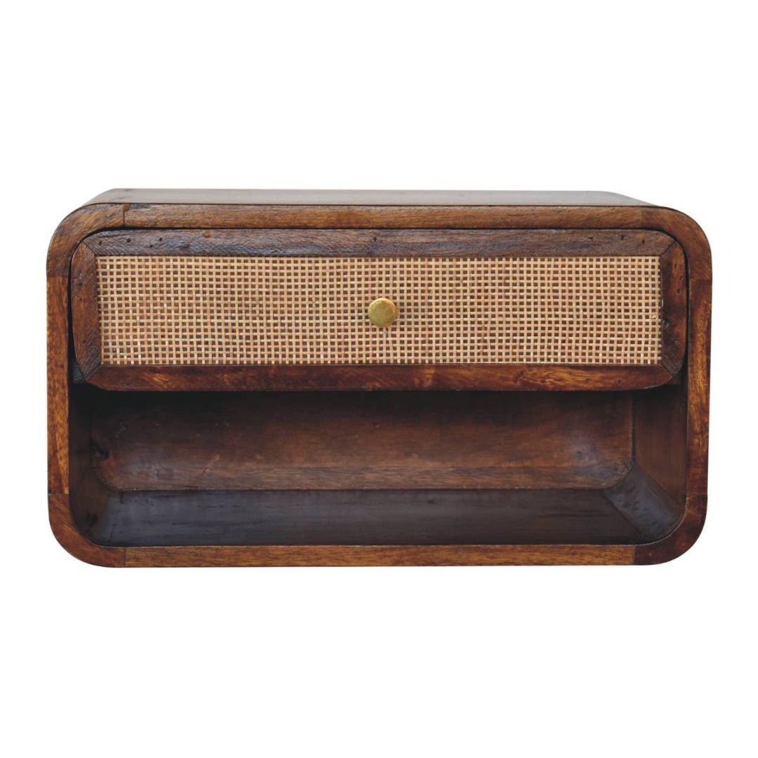 Brown Lacquered Chestnut Solid Mango Wood Woven Open Wall-Mounted Bedside with 1 Drawer & Shelf