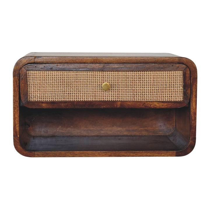 Brown Lacquered Chestnut Solid Mango Wood Woven Open Wall-Mounted Bedside with 1 Drawer & Shelf