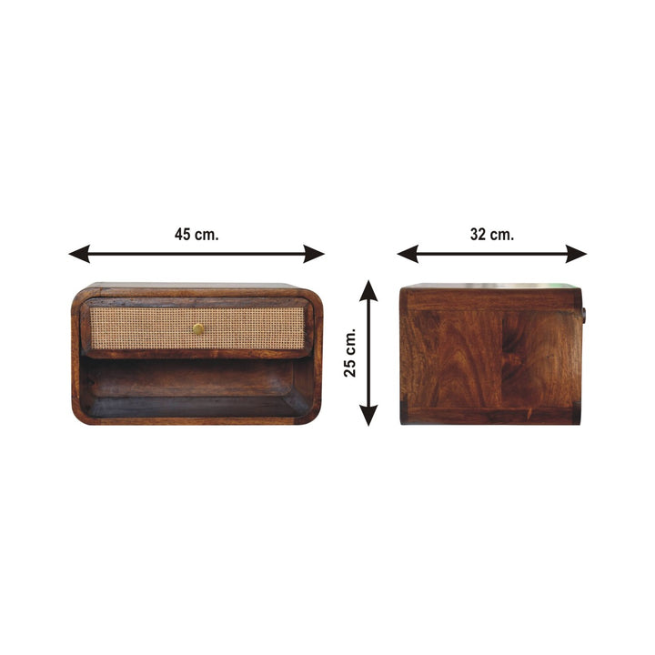 Brown Lacquered Chestnut Solid Mango Wood Woven Open Wall-Mounted Bedside with 1 Drawer & Shelf
