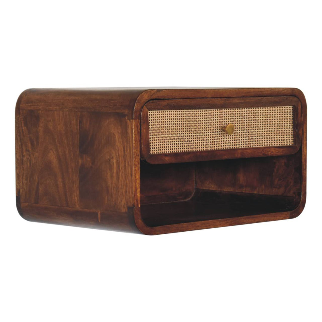 Brown Lacquered Chestnut Solid Mango Wood Woven Open Wall-Mounted Bedside with 1 Drawer & Shelf