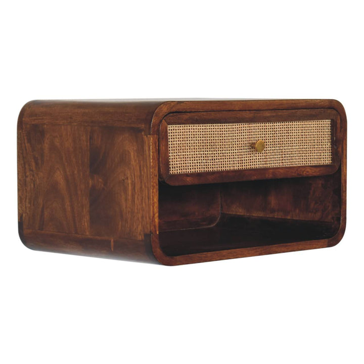 Brown Lacquered Chestnut Solid Mango Wood Woven Open Wall-Mounted Bedside with 1 Drawer & Shelf