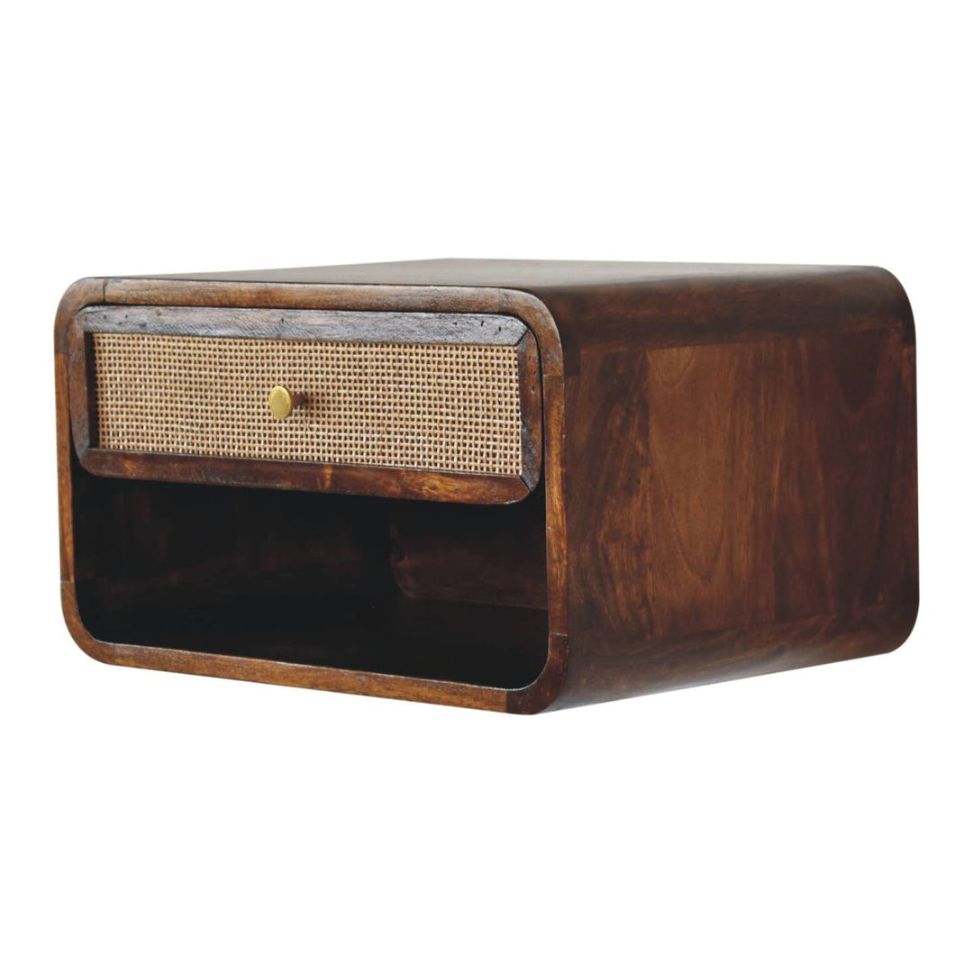 Brown Lacquered Chestnut Solid Mango Wood Woven Open Wall-Mounted Bedside with 1 Drawer & Shelf