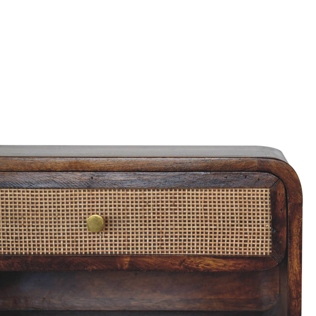Brown Lacquered Chestnut Solid Mango Wood Woven Open Wall-Mounted Bedside with 1 Drawer & Shelf