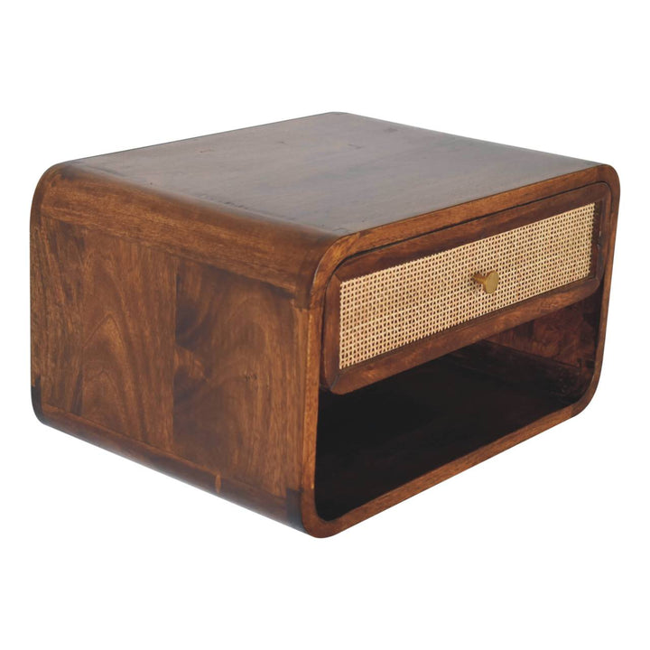 Brown Lacquered Chestnut Solid Mango Wood Woven Open Wall-Mounted Bedside with 1 Drawer & Shelf
