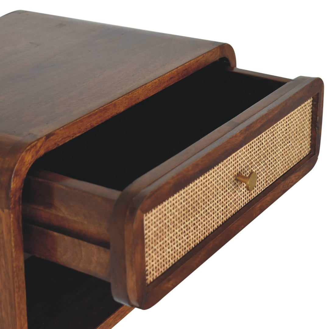 Brown Lacquered Chestnut Solid Mango Wood Woven Open Wall-Mounted Bedside with 1 Drawer & Shelf