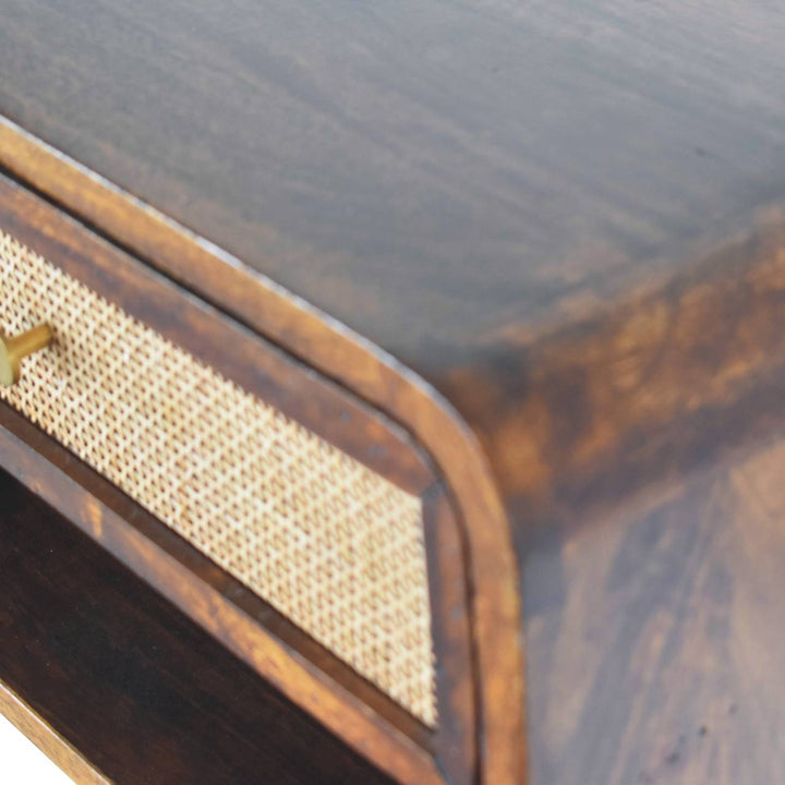 Brown Lacquered Chestnut Solid Mango Wood Woven Open Wall-Mounted Bedside with 1 Drawer & Shelf
