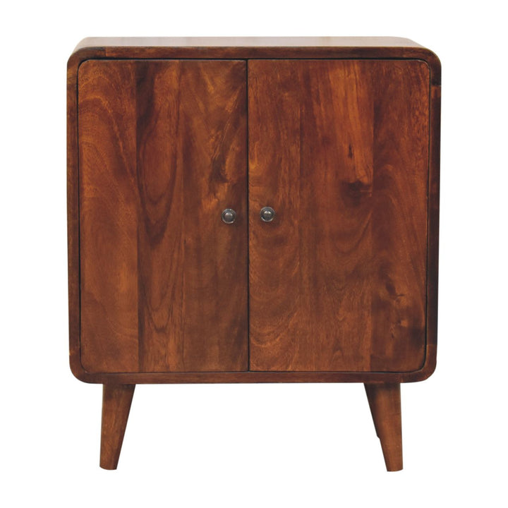 Brown Lacquered Solid Mango Wood Classic Chestnut Cabinet with Bouclé Upholstered Stool